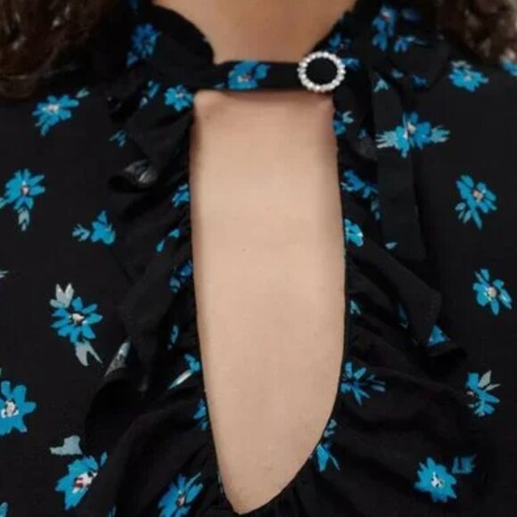 Zara Black with Blue Flowers, Ruffle edge Sleeves Size MED EUC - Picture 4 of 4